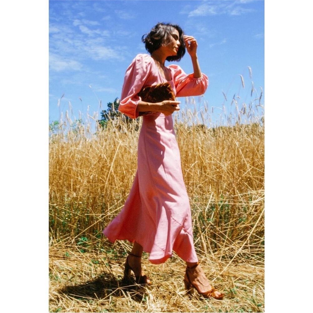 Loeffler Randall sz 8 Carmina Bubblegum Pink Curve Puff Sleeve Midi Maxi Dress